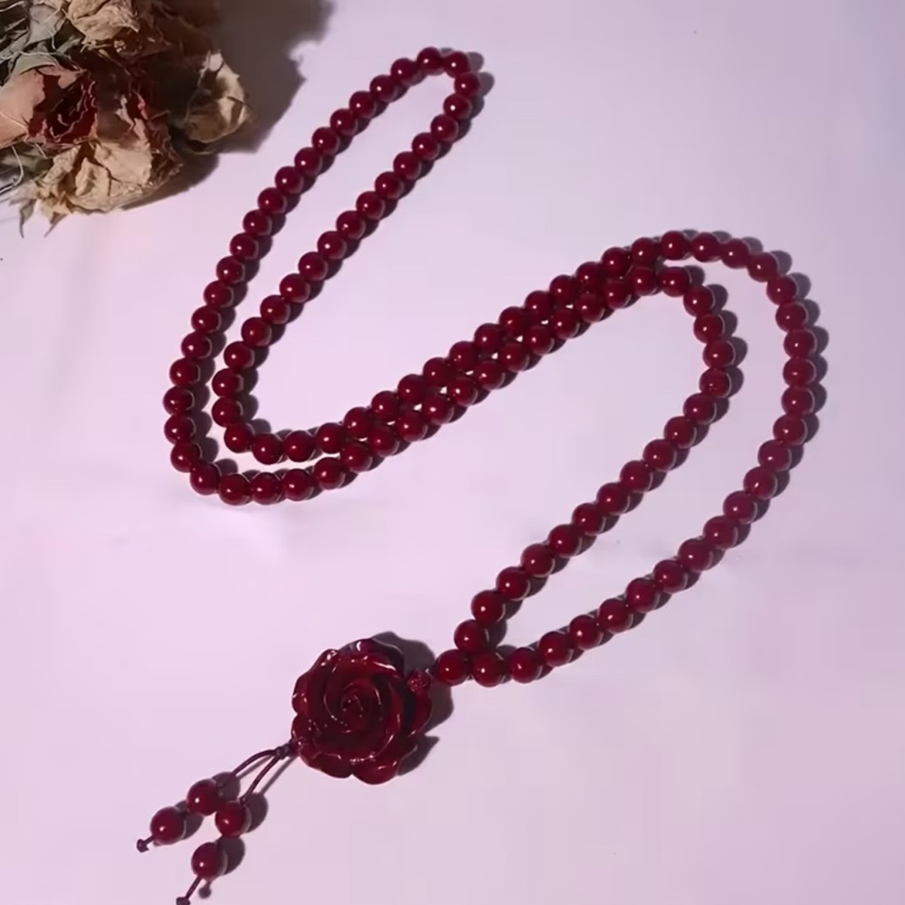 Elegant Red Beaded Necklace with Rose Charm - Picture 6 of 8